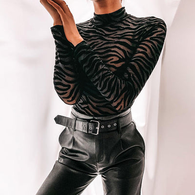 Blusa Rayada Irregular Mujer Manga Larga Semitransparente Ajustada - Image 3