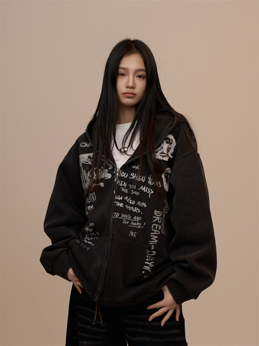 Sudadera Mujer con Capucha y Cierre - Estampado de Letras Negro - Image 22