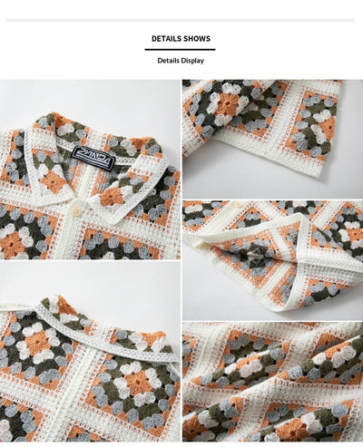 Blusa Tejida de Manga Corta con Bloques de Color y Cuello Solapa Calado - Image 13