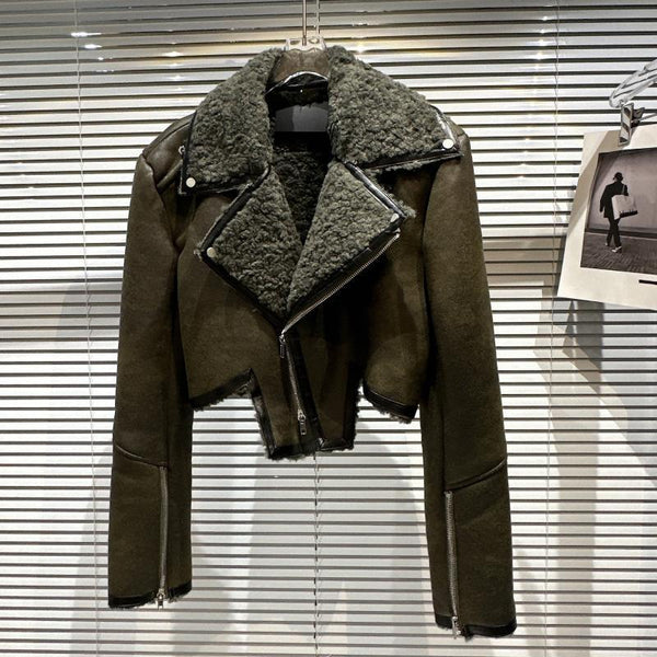 Chaqueta de Cuero con Cuello de Piel para Motociclista - Abrigo de Invierno y Otoño