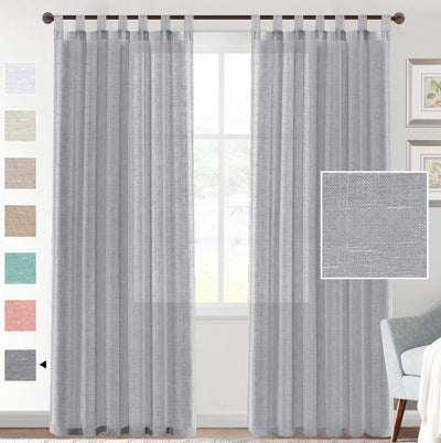 Light beige linen-look tab top curtains hanging on a dark rod, with a fabric swatch and color options. - Image 4