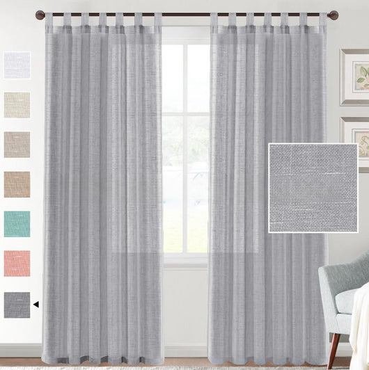 Light beige linen-look tab top curtains hanging on a dark rod, with a fabric swatch and color options. - Image 4
