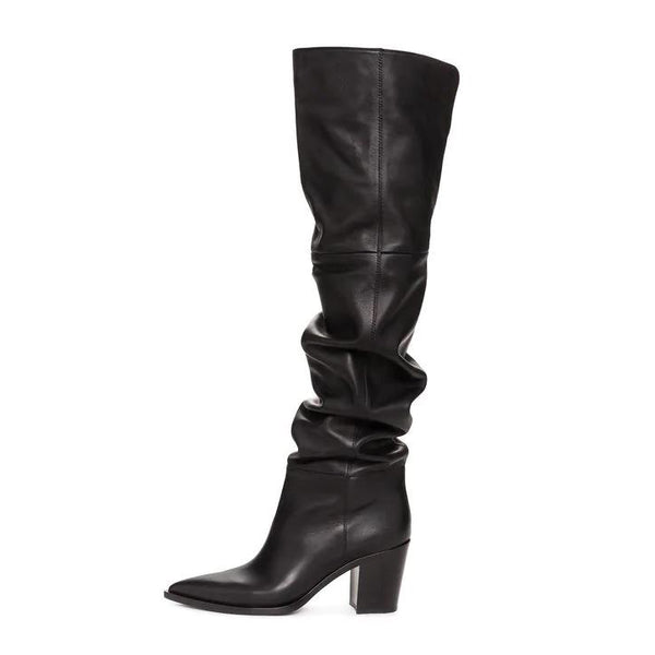 Botas Altas de Cuero con Tacón Grueso y Punta Afilada