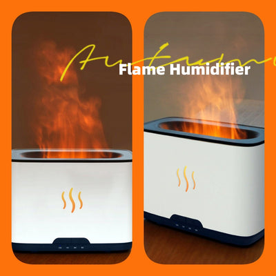 Dark gray rectangular aromatherapy humidifier with an orange flame-like mist and three essential oil bottles.