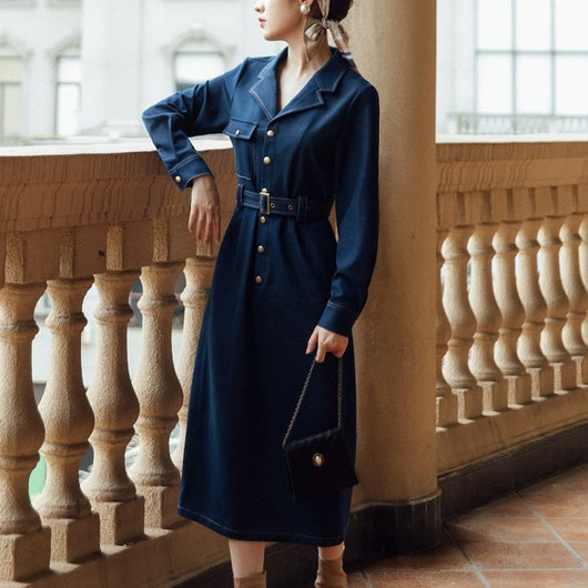 Vestido Denim Retro Cuello Solapa Talle Midi - Image 5
