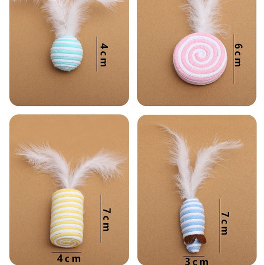 7-piece cat toy gift set with mouse, feather wands, and string-wrapped toys in a brown cardboard box. - Image 9