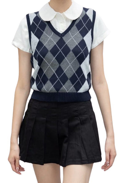 Chaleco Tejido Cuadros Diamante Estilo Preppy Retro Versátil - Image 6
