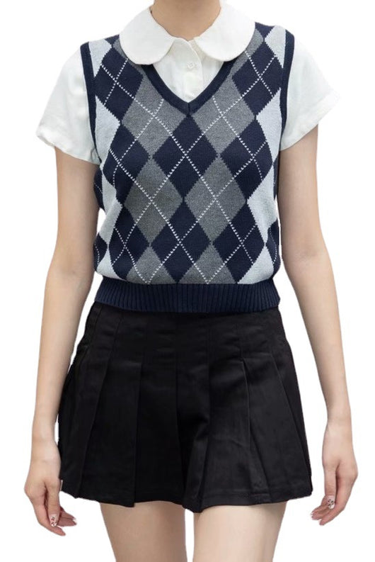 Chaleco Tejido Cuadros Diamante Estilo Preppy Retro Versátil - Image 6