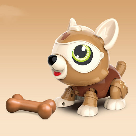 Brown and white electronic robot dog toy with green eyes, red tongue, and a small brown bone accessory. - Image 11