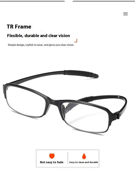 Two pairs of folding anti-blue light reading glasses, one brown and one black, partially folded on a white surface. - Image 12
