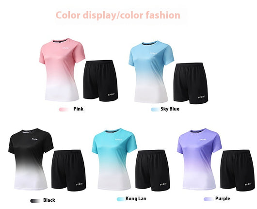 Purple and white gradient short-sleeve t-shirt with 'SPORT' text and black athletic shorts for women. - Image 12