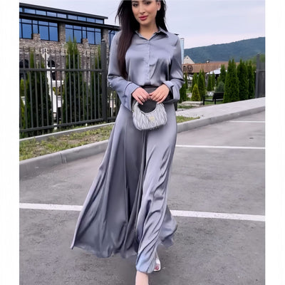 Conjunto de Falda y Blusa de Satén Elegante con Mangas Largas - Image 3