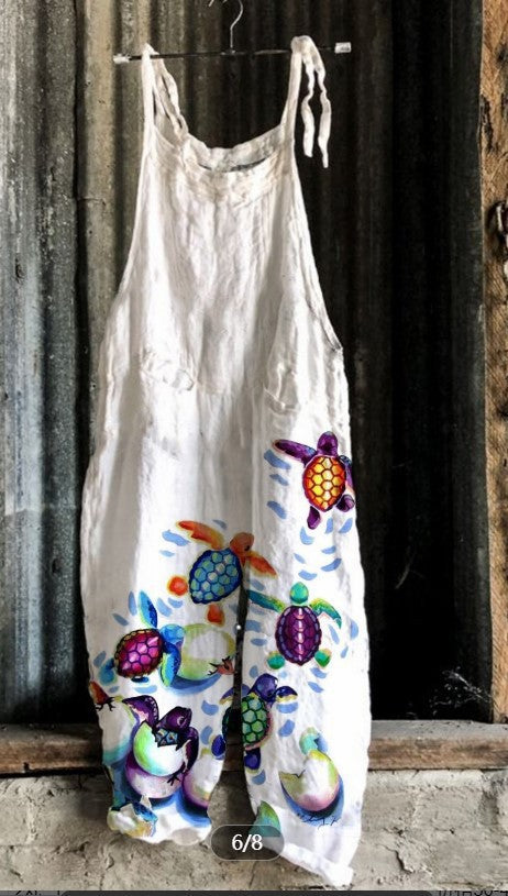 Pantalones de Lino y Algodón con Tirantes Estampados para Mujer - Image 7