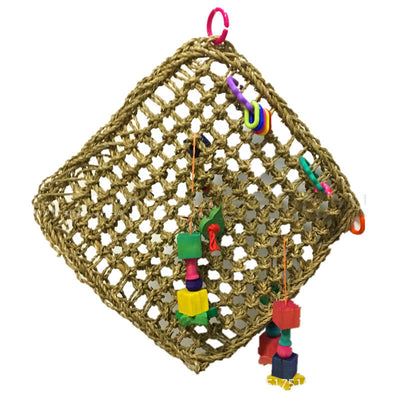 Natural straw woven parrot hammock with colorful plastic rings and wooden block toys, featuring a grey parrot. - Image 5