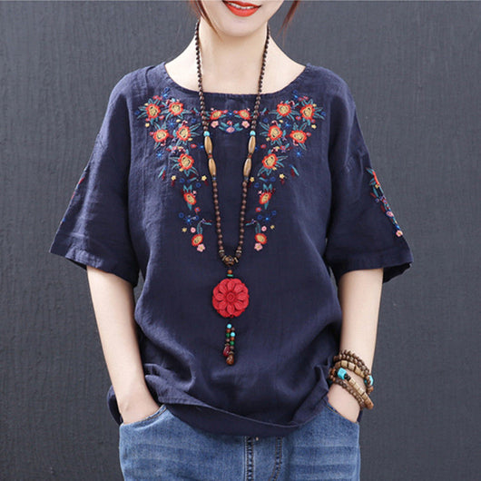 Blusa Étnica de Algodón con Bordado Cuello Redondo Manga Corta para Mujer - Image 7