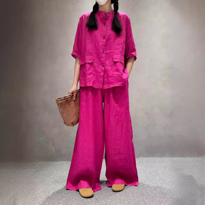 Conjunto de Lino Casual: Camisa Manga Corta y Pantalón de Color Liso - Image 3