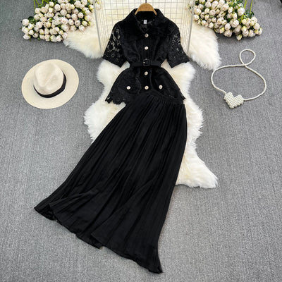 Conjunto Elegante: Blusa Suelta con Encaje y Falda Plisada de Cintura Alta - Image 10