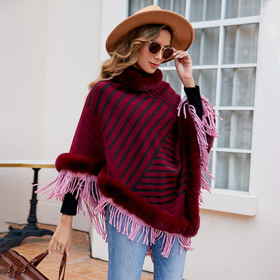 Poncho Tejido con Cuello de Piel y Borlas para Mujer - Image 9