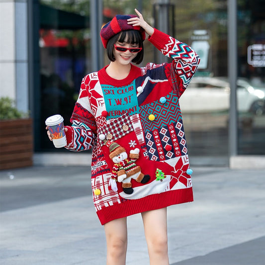 Suéter Navideño Holgado con Patrón de Muñeco de Nieve para Mujer - Image 2