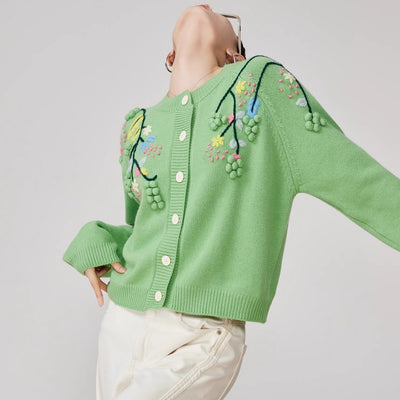 Cardigan Tejido con Bordado Tridimensional Verde para Mujer