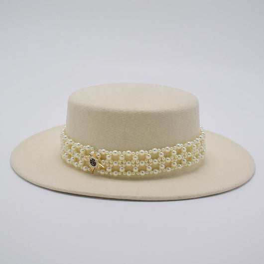 Sombrero de Fieltro para Mujer con Ala Ancha y Cadena de Perlas - Image 6