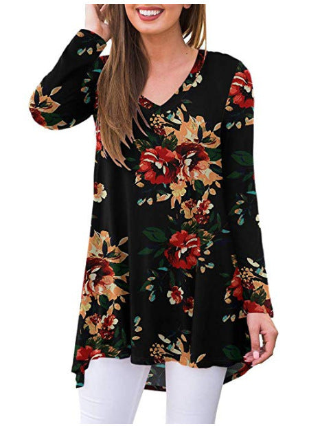 Blusa Casual Floral de Manga Larga Cuello V