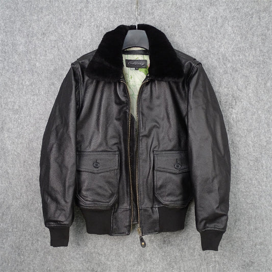 Chaqueta de Cuero Genuino con Cuello de Piel Desmontable