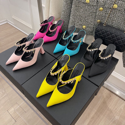 Pantuflas de Seda con Strass Punta Afilada para Mujer