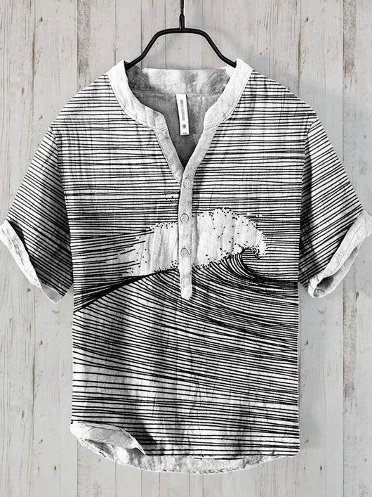 Camisa Lino Hombre Estampado Oceánico Manga Corta Suelta Casual - Image 6
