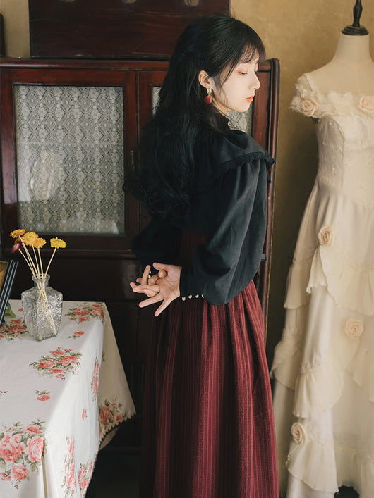 Conjunto Retro Elegante: Blusa Manga Larga y Falda Midi - Image 9