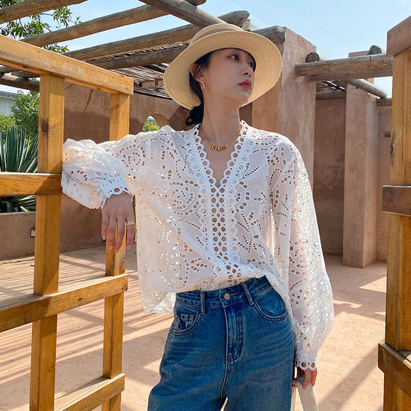 Blusa Blanca de Algodón con Bordado Diseño Elegante Manga Larga para Mujer