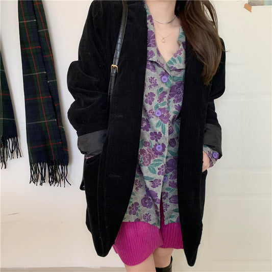 Chaqueta Retro Floral Morada Suelta para Mujer