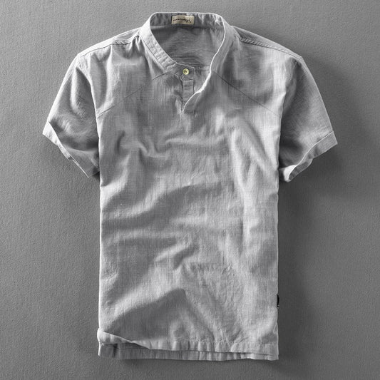 Camisa Suelta Estilo Chino de Algodón y Lino con Cuello Mao