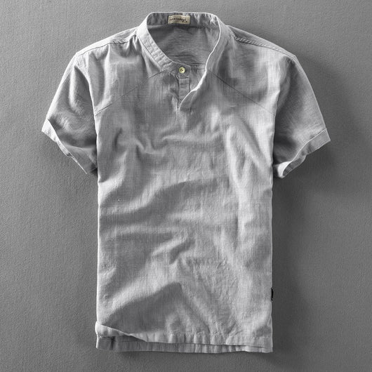 Camisa Suelta Estilo Chino de Algodón y Lino con Cuello Mao