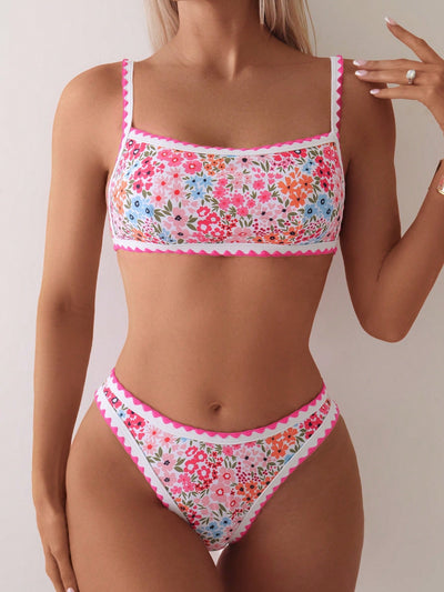 Women's floral print bikini with square neck top and high-cut bottoms, featuring white trim and pink ric-rac edges. - Image 5