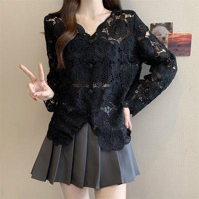 Blusa Larga de Encaje Calado con Mangas Largas para Mujer - Image 10