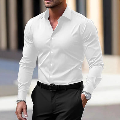 Camisa Social Casual Hombre Manga Larga Botones Color Sólido Vacaciones - Image 2