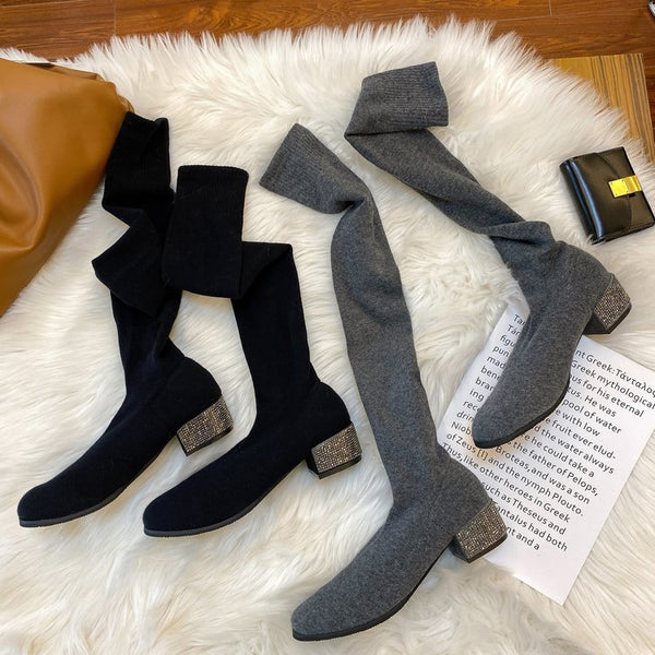 Botas Calcetín Muslo Alto con Tacón Grueso, Punta Afilada y Detalles de Cristal
