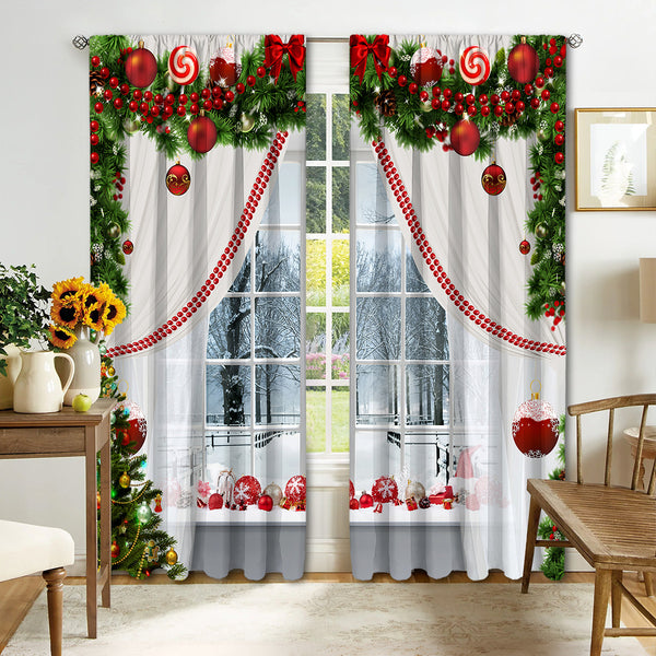 Digital printed Christmas curtains with a festive garland design, red ornaments, bows, and berries, on a white background. - Image 6