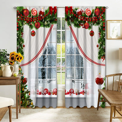 Digital printed Christmas curtains with a festive garland design, red ornaments, bows, and berries, on a white background. - Image 6