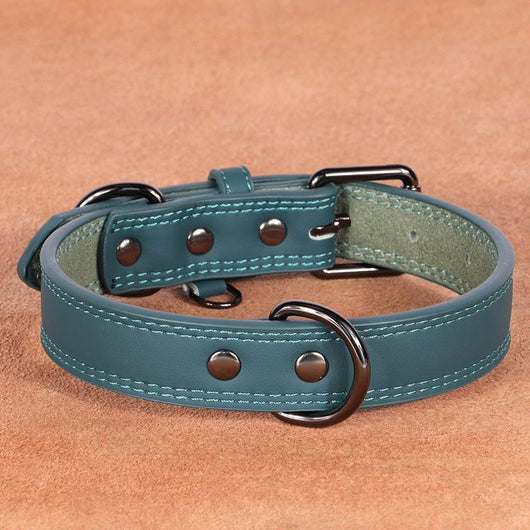 Teal leather pet collar with white stitching, dark metal buckle, and D-ring, displayed on a brown surface. - Image 8
