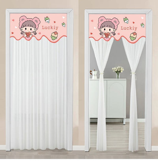 Double-layer blackout doorway curtain with a light blue top featuring a cartoon bear and "LUCK DAY!" text. - Image 42