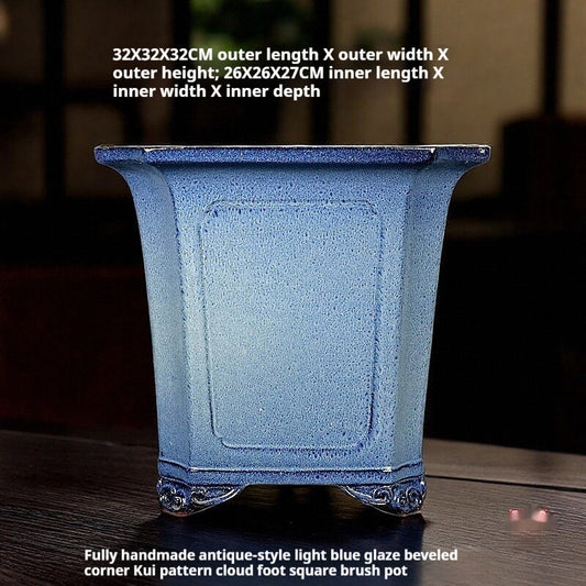 Maceta Bonsái Artesanal Azul Claro Esmaltada Forma Tubo Antiguo