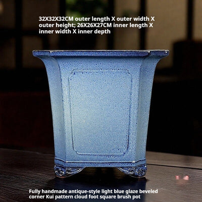 Maceta Bonsái Artesanal Azul Claro Esmaltada Forma Tubo Antiguo