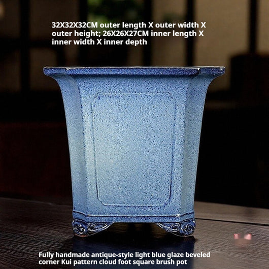 Maceta Bonsái Artesanal Azul Claro Esmaltada Forma Tubo Antiguo