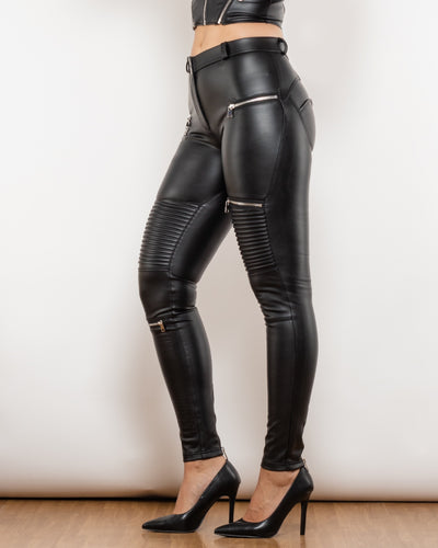 Pantalones de Cuero Smocking Negro Mate para Mujer - Image 14