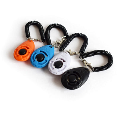 Turquoise dog training clicker with a black button and paw print, attached to a black coiled lanyard with a silver lobster clasp. - Image 15