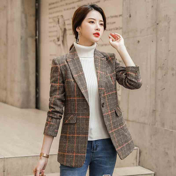 Blazer Cuadriculado Mujer con Cintura Ajustada