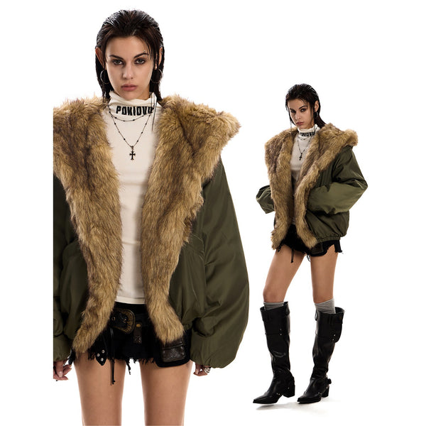 Parka Holgada con Capucha y Cuello de Pelaje para Mujer