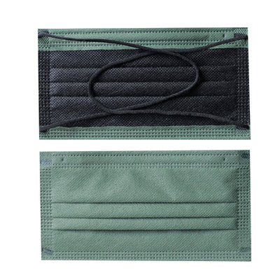 Black and sage green disposable protective mask with crossed ear straps, showing pleated design and non-woven fabric. - Image 5
